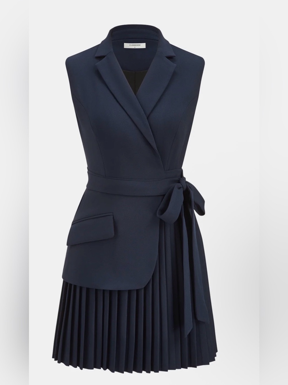 Commense Navy Sleeveless Wrap Belted Pleated Dress - Picture 3 of 4